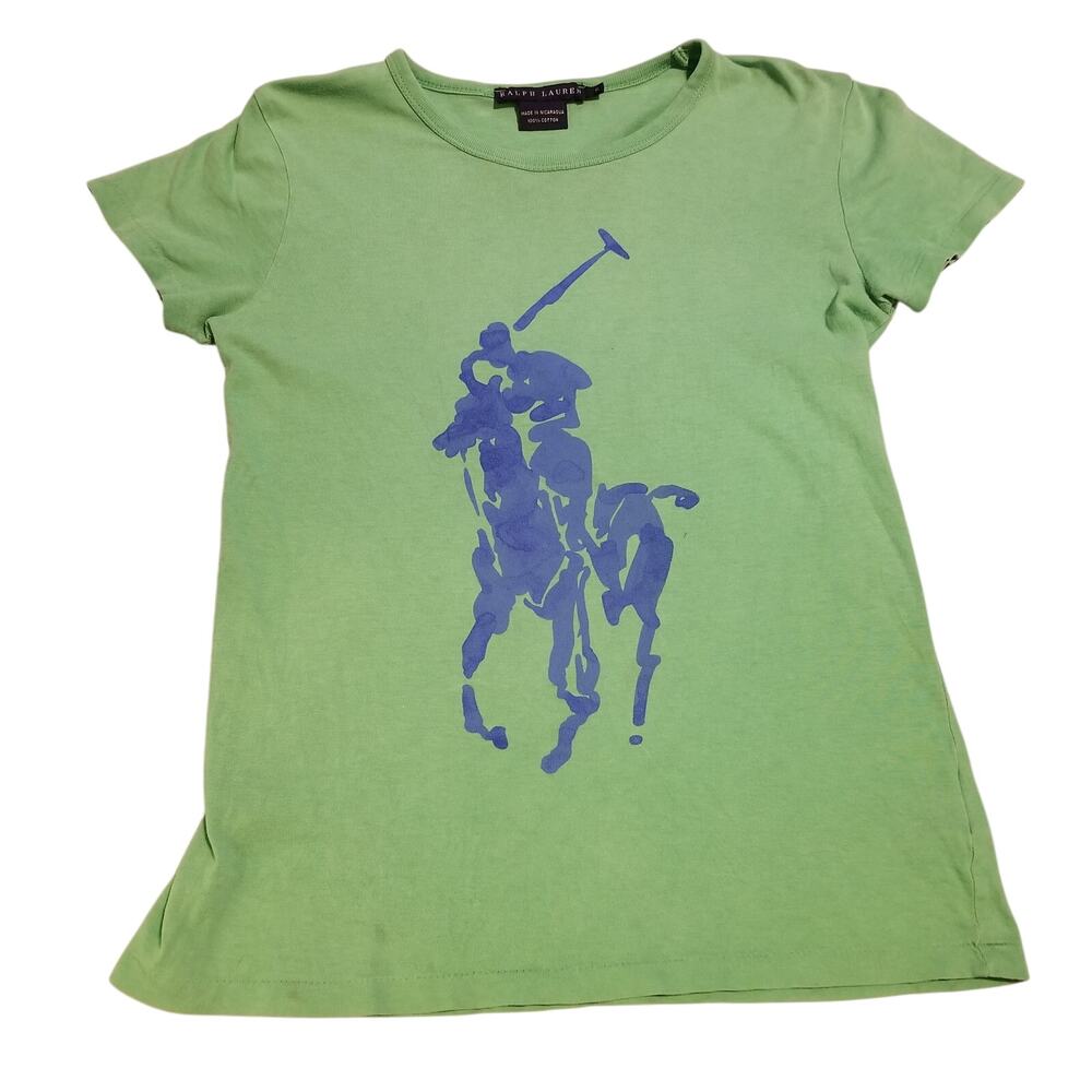 Ralph Lauren Size S Girls T-Shirt Light Green Blue Polo Print